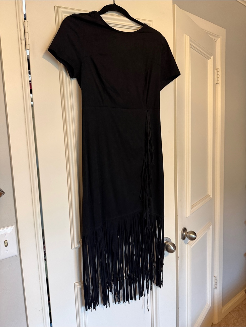 Black Fringe Faux Suede Short-Sleeve Midi Dress